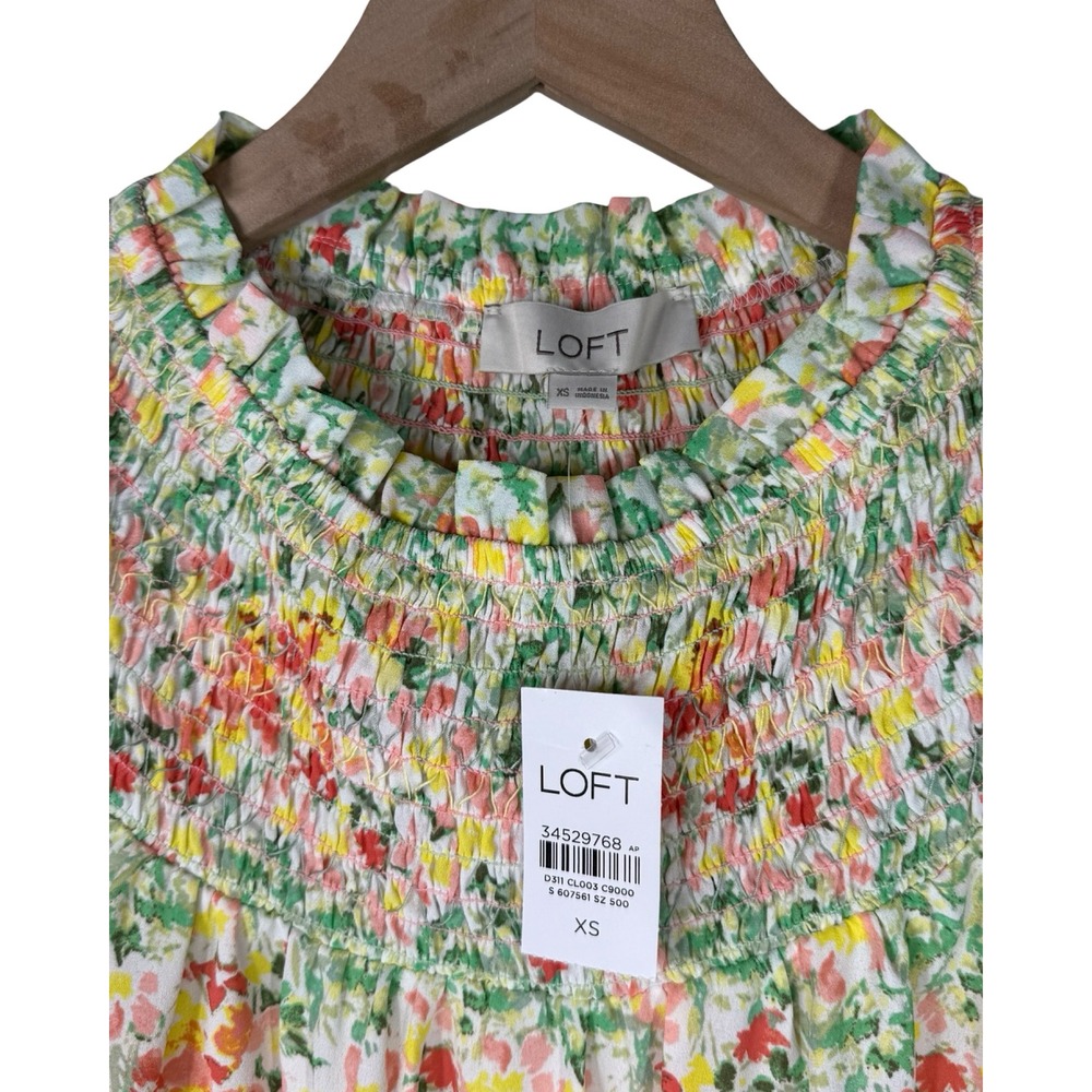 LOFT Floral Smocked High Neck Blouse XS NWT Pink Yellow Green Long Sleeve Top - Picture 2 of 6